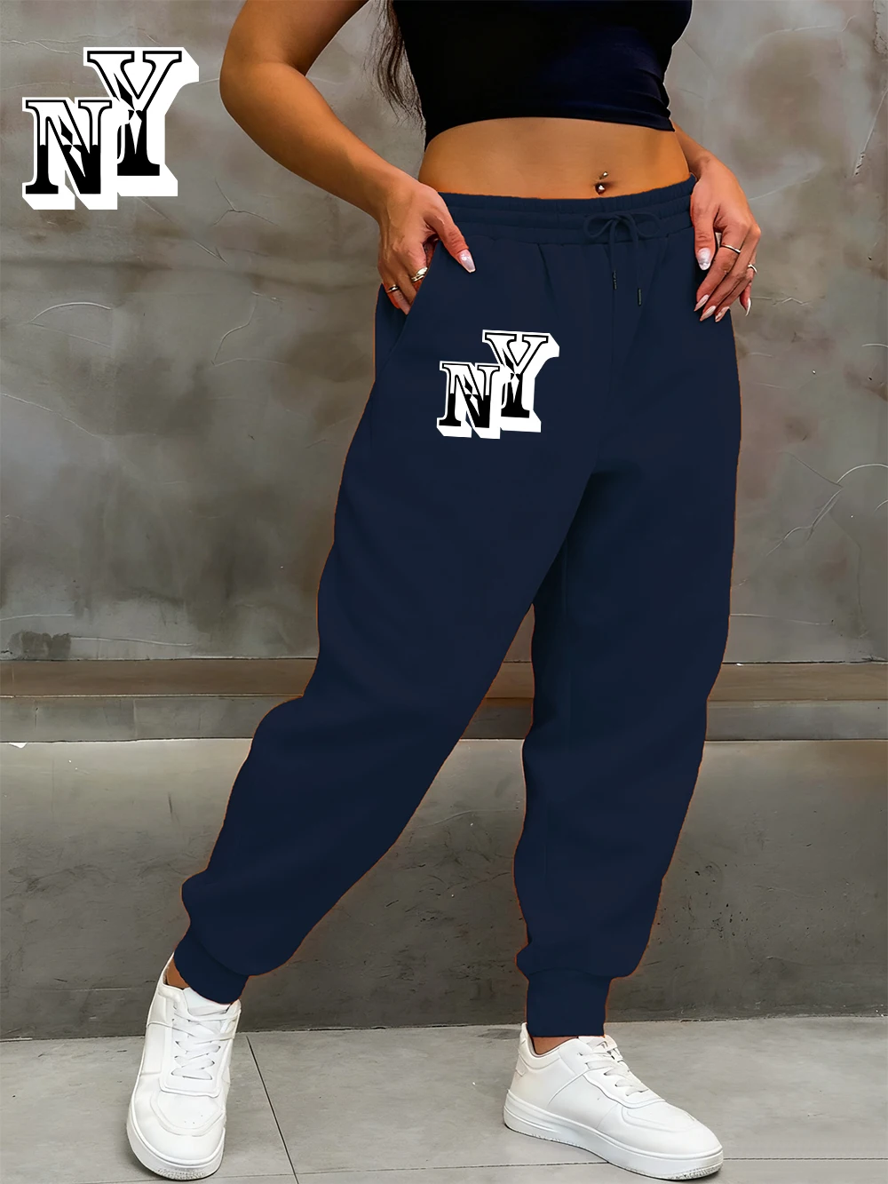 نيويورك رسالة نيويورك يطبع Sweatpants المرأة الشتاء جيب بنطال رياضي مرونة الخصر فضفاض الصوف السراويل الدافئة ملابس كاجوال #1