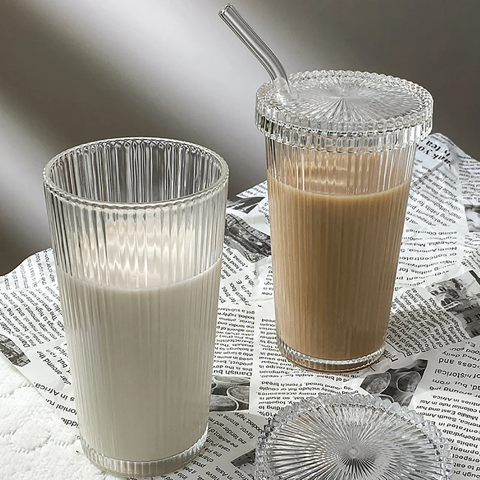 375ML Coffee Mug Simple Stripe Glass Cup With Lid and Straw Transparent Bubble Tea Cup Juice Glass Milk Mocha Breakfast Mug