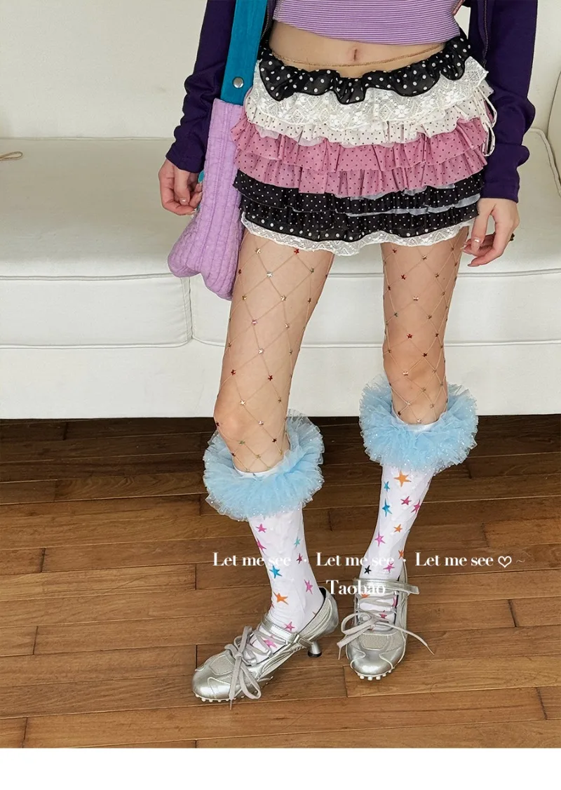 Japanese New Original Dreamy Girl Colorful Star White Calf Socks Lace Velvet Mid-Calf Women's Stockings Kawaii Sweet Y2k Hosiery