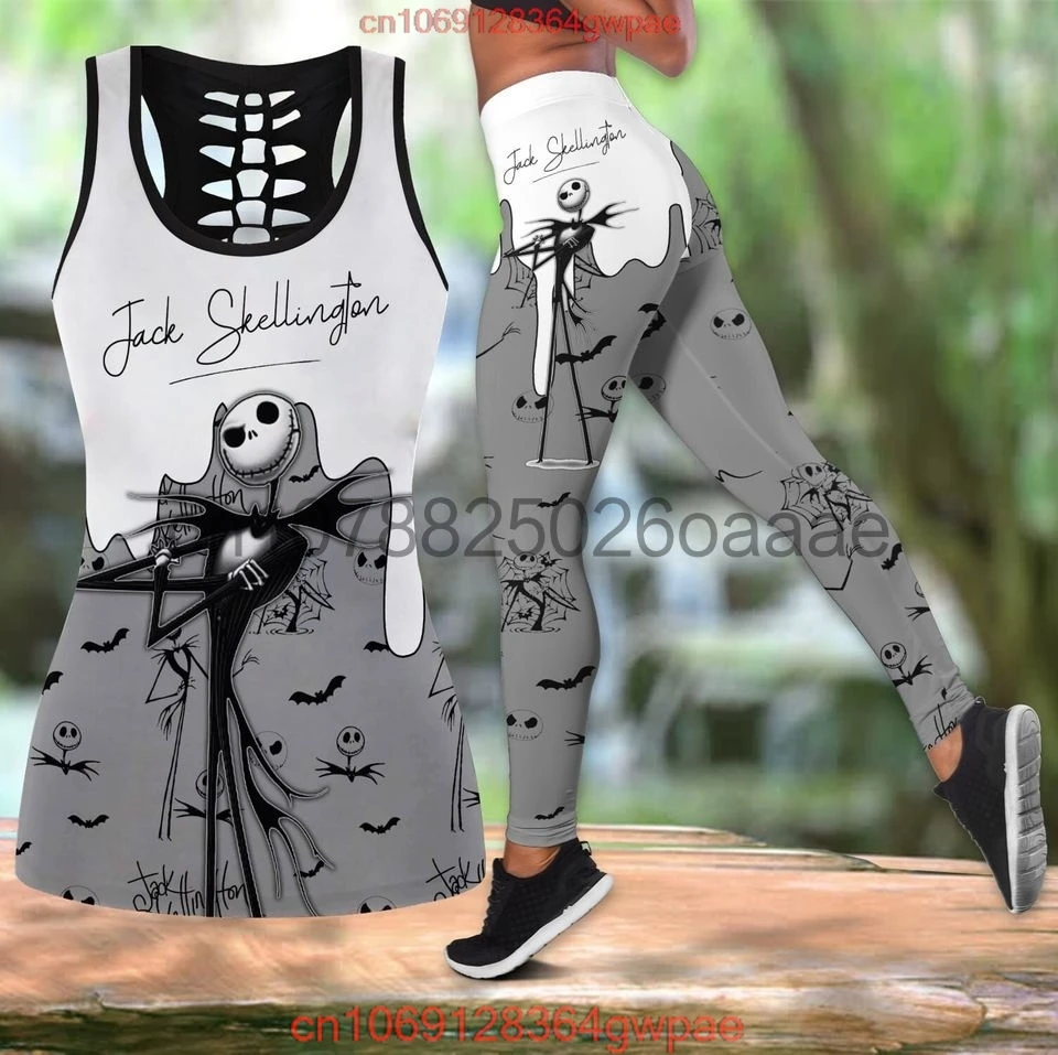 Disney The Nightmare Before Christmas Jack Skellington Sally Womens Hollow Tank Top Leggings Yoga Set Fitness Leggings Tracksuit