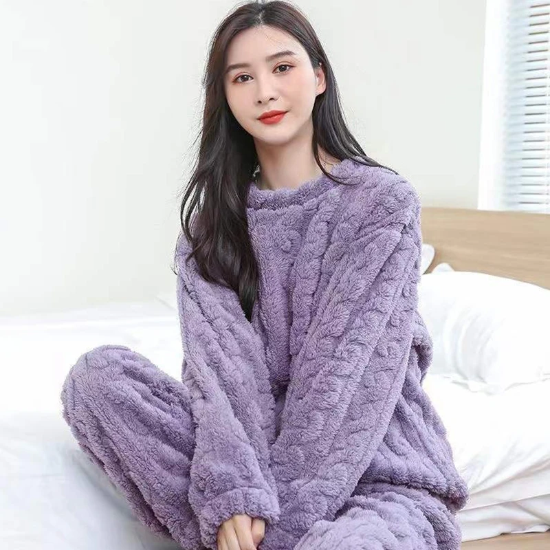 2026 Winter Autumn Women Solid Warm 2 Piece Sets Thicken Velvet Ribbed Fleece Set Pullover and Pants Women Casual Pajama Sets