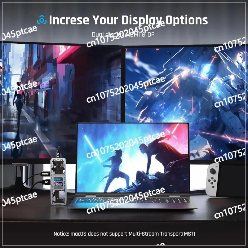 شاشة D ockcase 10 في 1 4K 60 هرتز/ 1000 ميجابت في الثانية/ UHS-II SD&TF/ 100 وات PD/ USB 3.2 Gen 2 محور ذكي مع شاشة LCD مزدوجة #3