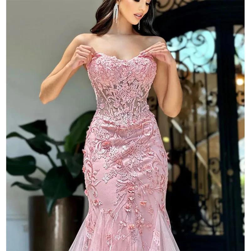 Vestidos de graduación de sirena rosa, apliques sin tirantes, lentejuelas, cuentas, longitud hasta el suelo, encaje 3D, flores, volantes, vestido de noche, vestidos de novia