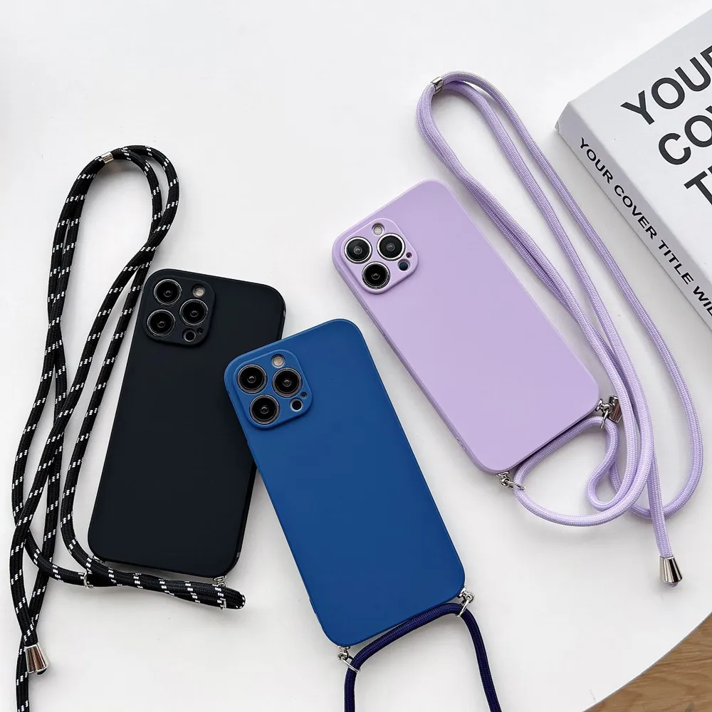 Capa de silicone com cordão simples para iPhone, capa macia para iPhone 15, 11, 12, 13, 14 Pro Max, XR, X, XS, 7, 8 Plus, pulseira com cordão de corda