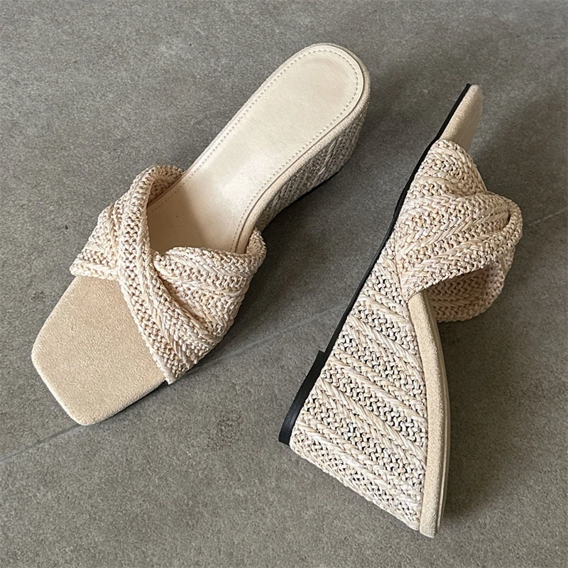 

Aneikeh Bohemian Style Women Wedge Sandals Cross Knitted Slippers Square Toe Platform Heels Slides Summer Beach Vacation Shoes