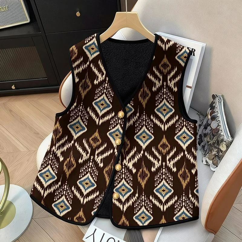

Fleece Thickened Warm Vest 2026 Autumn/winter New Fashion Casual Versatile Cold-proof Coat Waistcoat Printed Button Cardigan