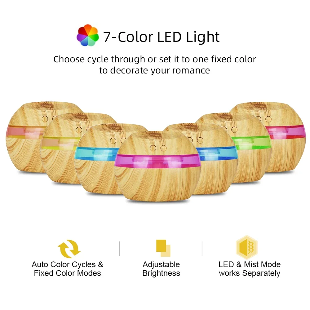 مرطب الحبوب الخشبية 300 مل، الزيوت العطرية، 7 ألوان LED، هادئ للغاية، إيقاف تلقائي، USB #5