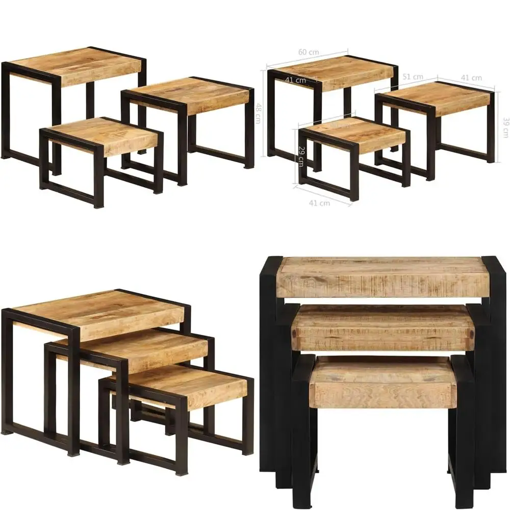 

Набор из 3-х столов из винтажного дерева манго с штабелируемым дизайном и черными акцентами для использования в гостиной