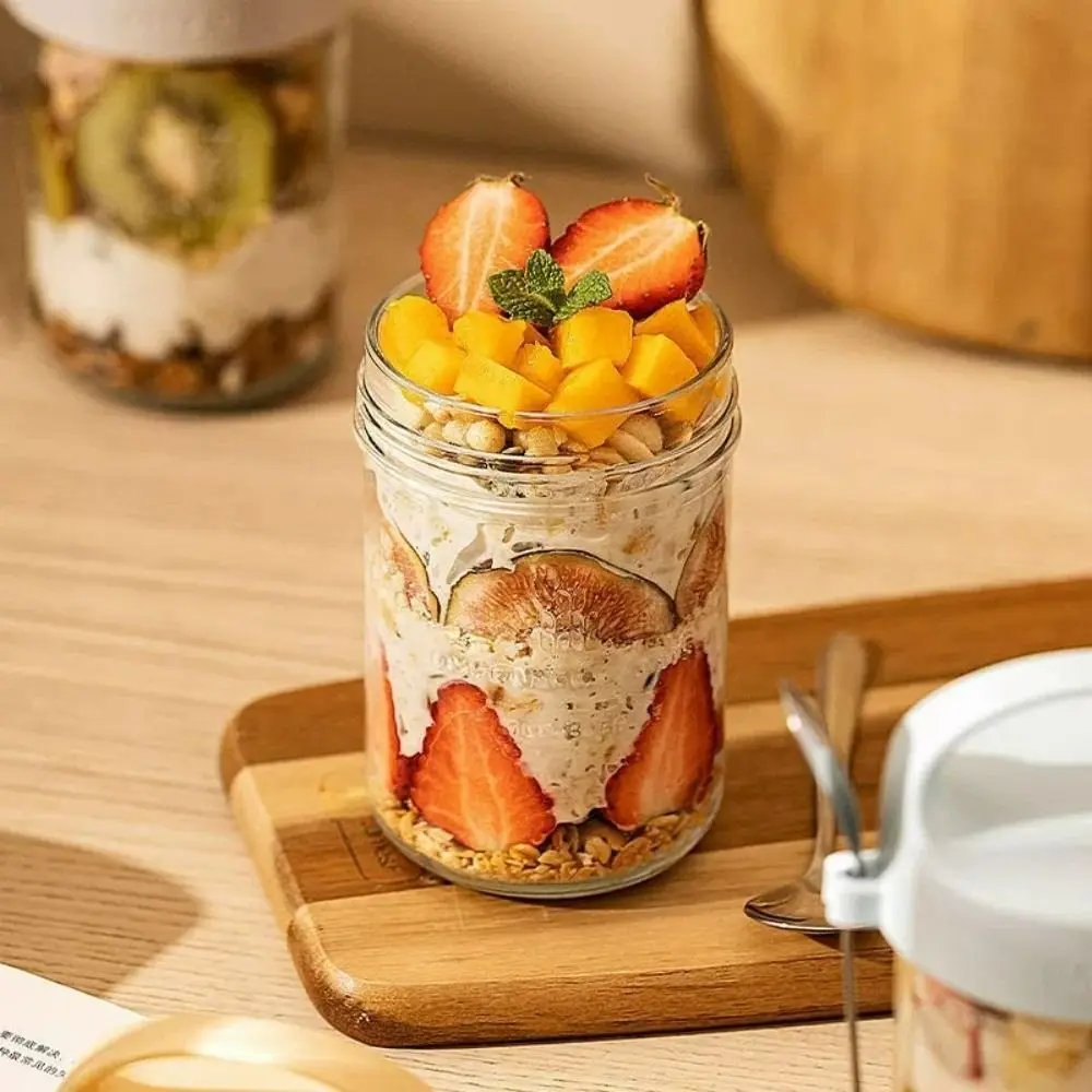 

430ML Breakfast Cups Leakproof Oats Container Glass Salad Cup with Lid Spoon Overnight Oatmeal Cup Set