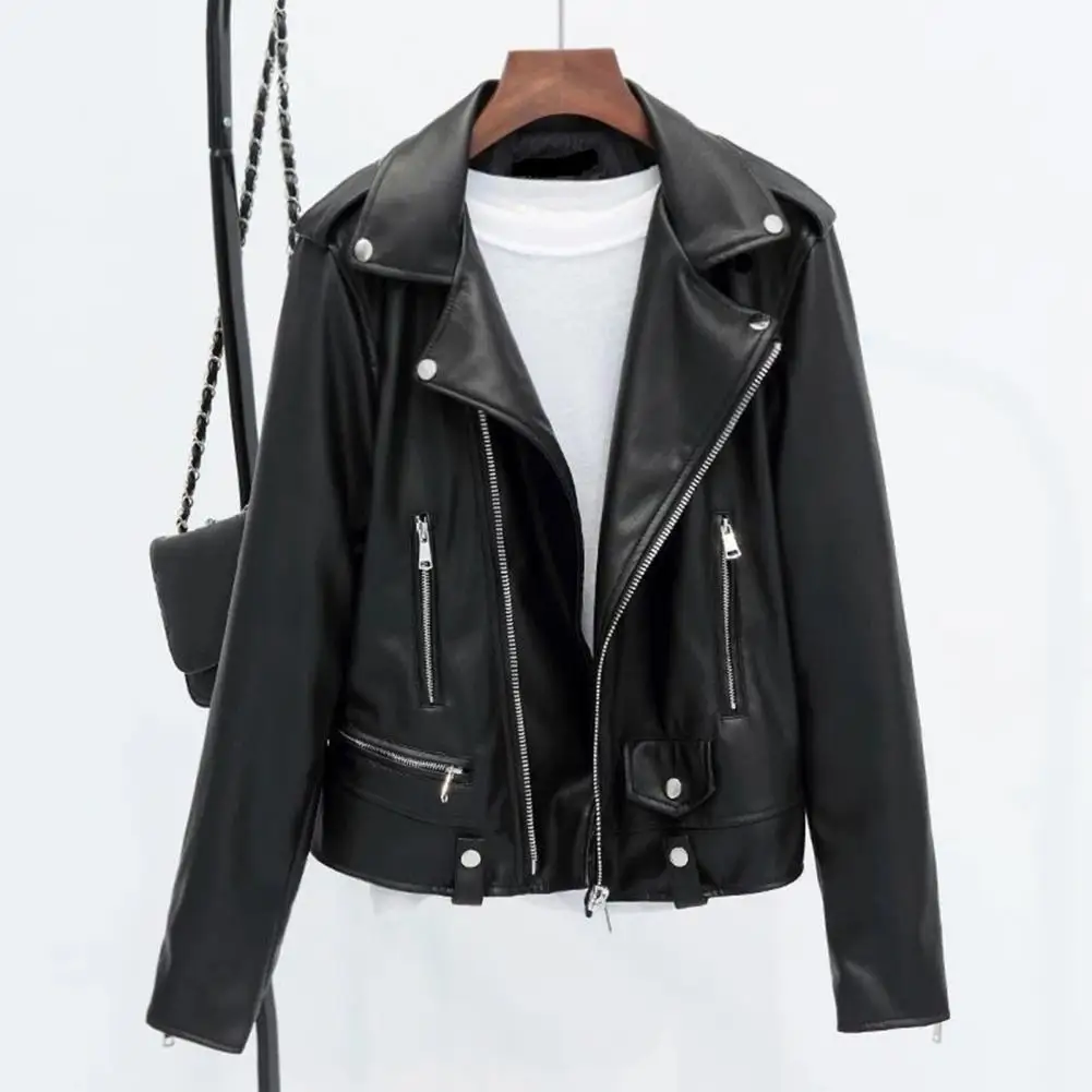 Winter Women Jacket Faux Leather Smooth Surface Turn-down Collar Zip-up Zipper Decor Outerwear Long Sleeves Motorcycle Coat