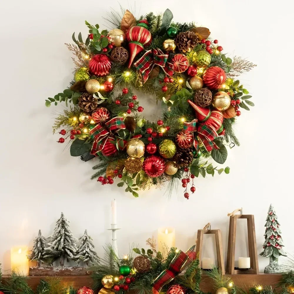 Christmas Wreath with Lights, 30 Inch Large Christmas Wreath with Lights Decorated with Red, Green Gold Christmas Balls Wreaths