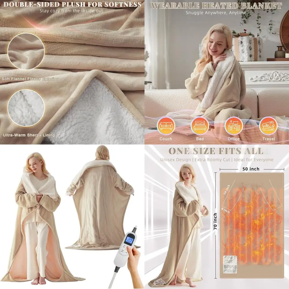 

Wearable Electric Blanket with Foot and Sleeve Pockets, 10 Heat Settings, Auto-Off, 50x70 Beige
