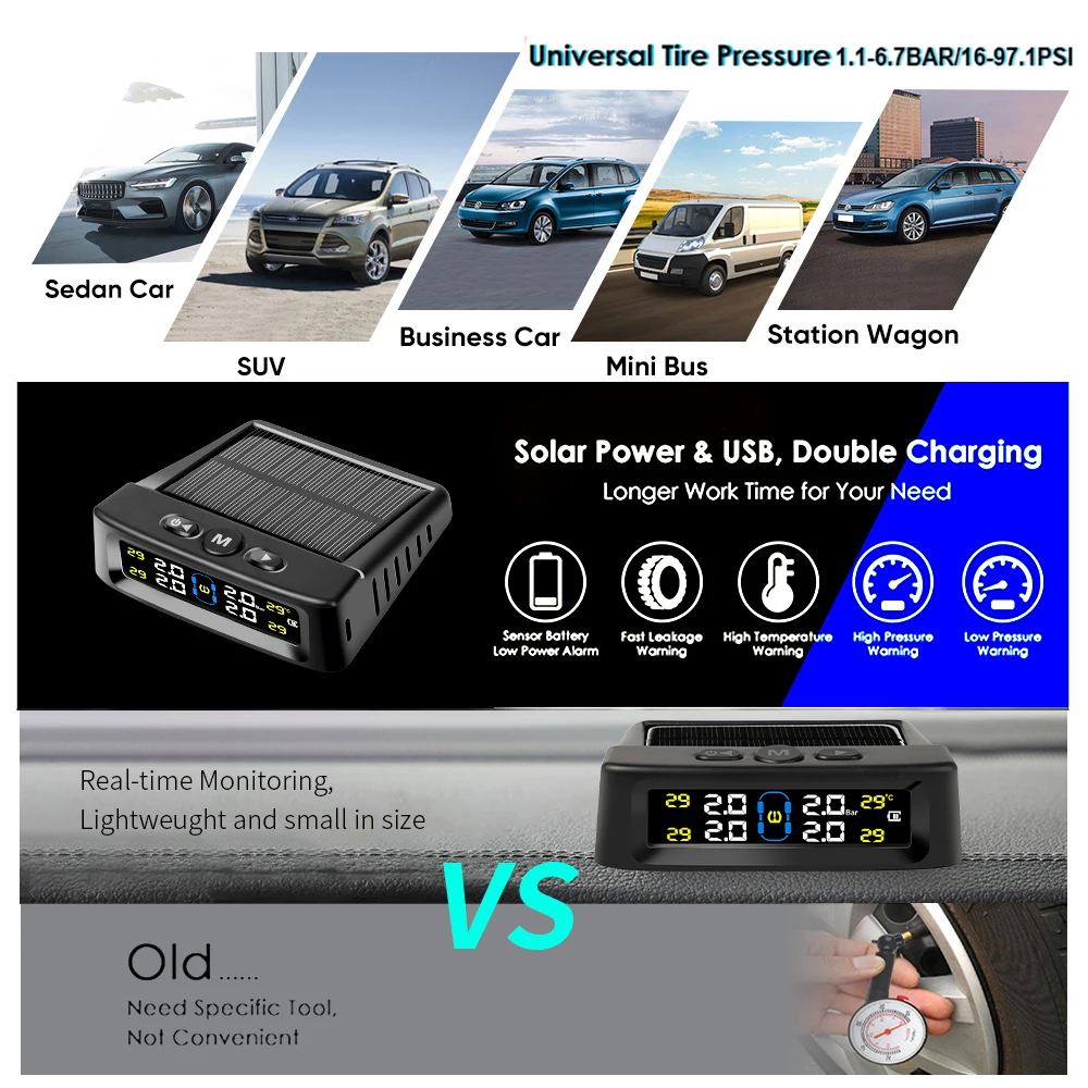 Electronic Car Tyre Pressure Monitoring System Solar Power Digital TPMS Display Auto Tyre Pressure Security Alarm Device