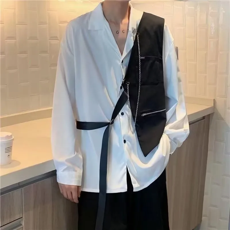Japanese Korean Vest Patchwork Long Sleeve Men Shirts Trendy Handsome Loose Man Shirt Streetwear New Fashion Unisex Tops Blouse