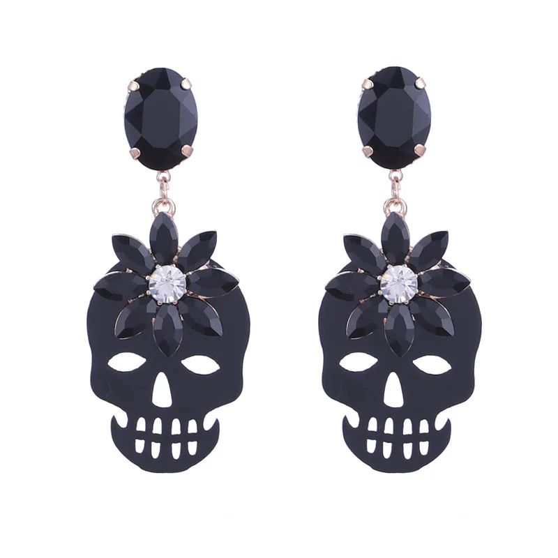 Boucles d'oreilles vintage en acrylique beige et blanc pour femmes, mode ethnique, en cristal noir, fleur, tête de mort, bijoux, vente en gros