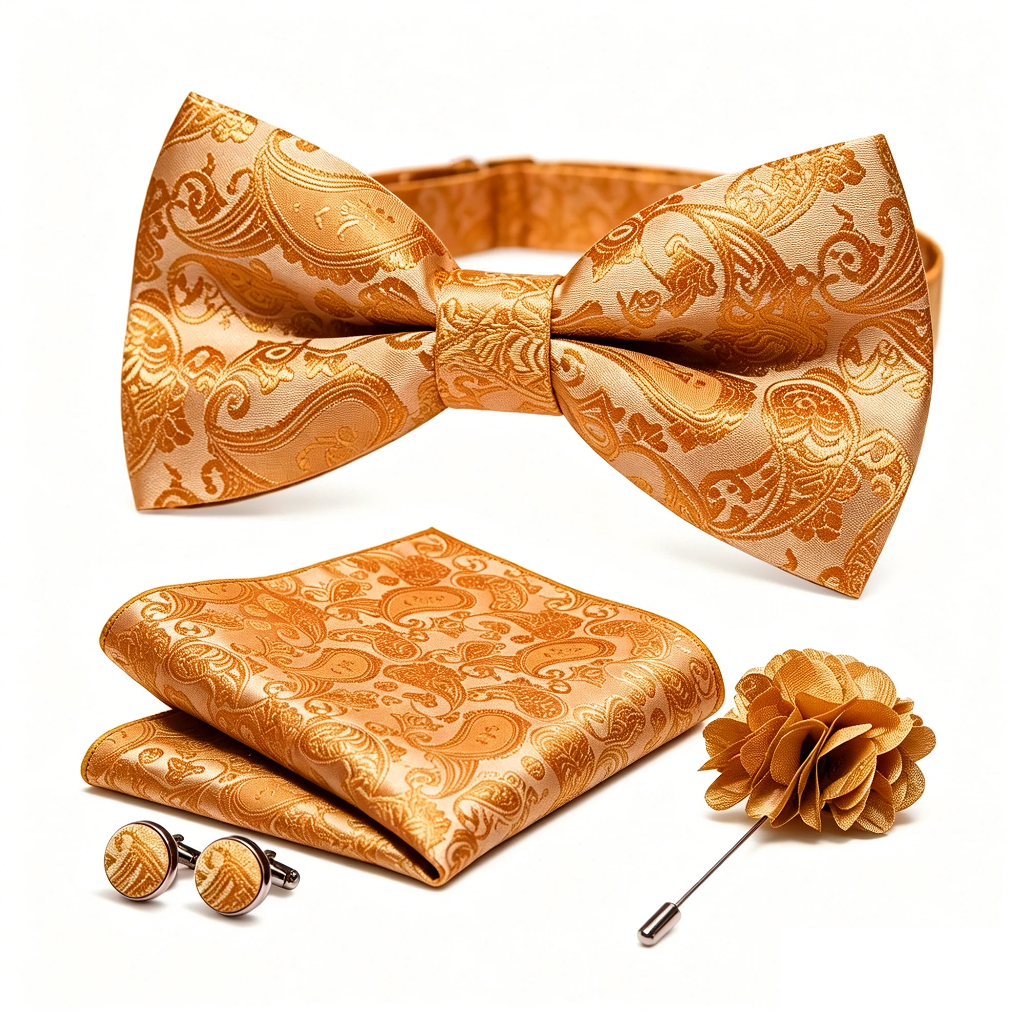 36-teiliges Set: Schwarze Seiden-Jacquard-Paisley Herrenfliege, Brosche, Einstecktuch und Manschettenknöpfe – Vorgebundene Schmetterlingsfliege für Herren, Hochzeit und Business – Detail 24