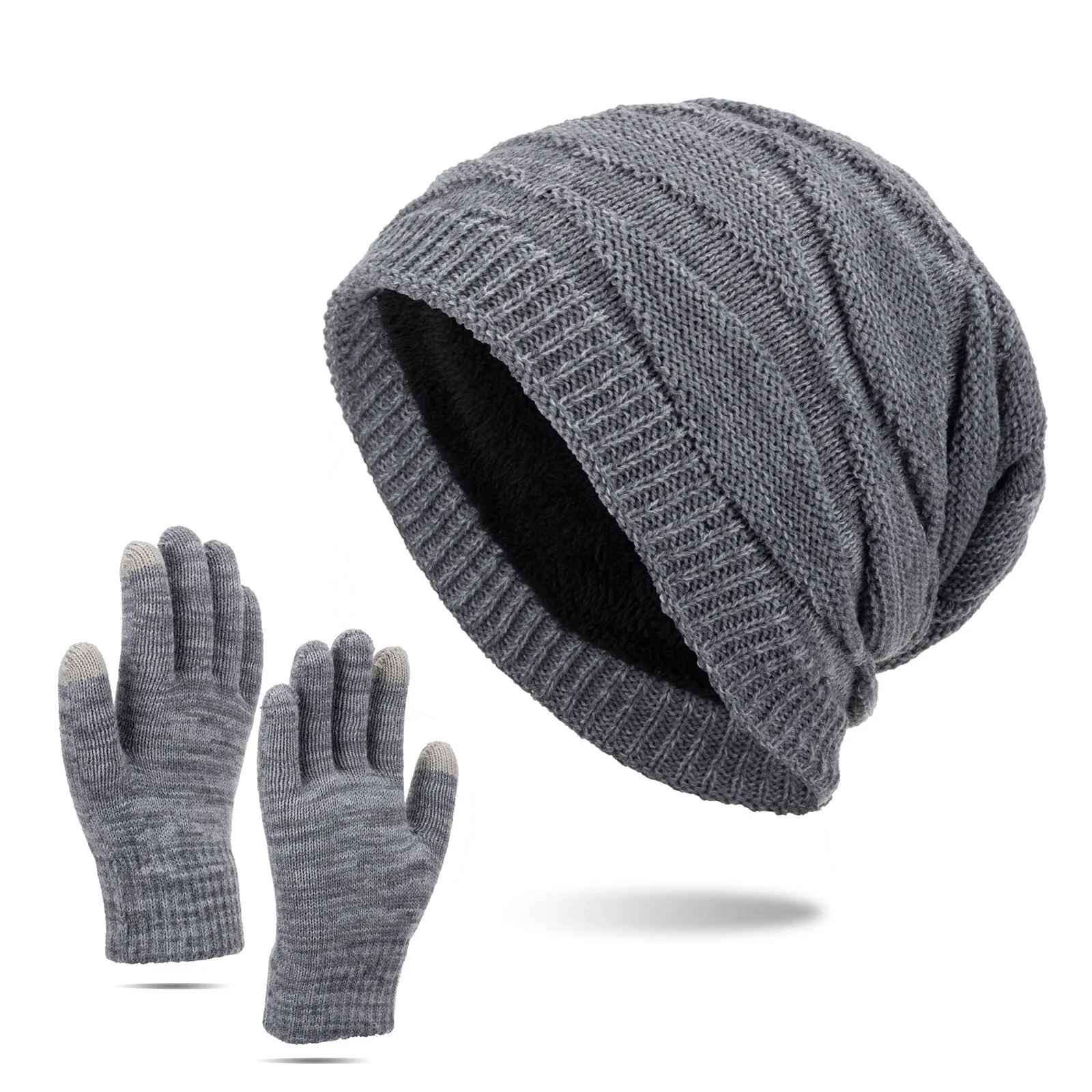 

Korean Style Knitted Hat Winter Plush Warm AB Yarn Diamond Pattern Men's Cap and Gloves Set Cold Weather Accessories