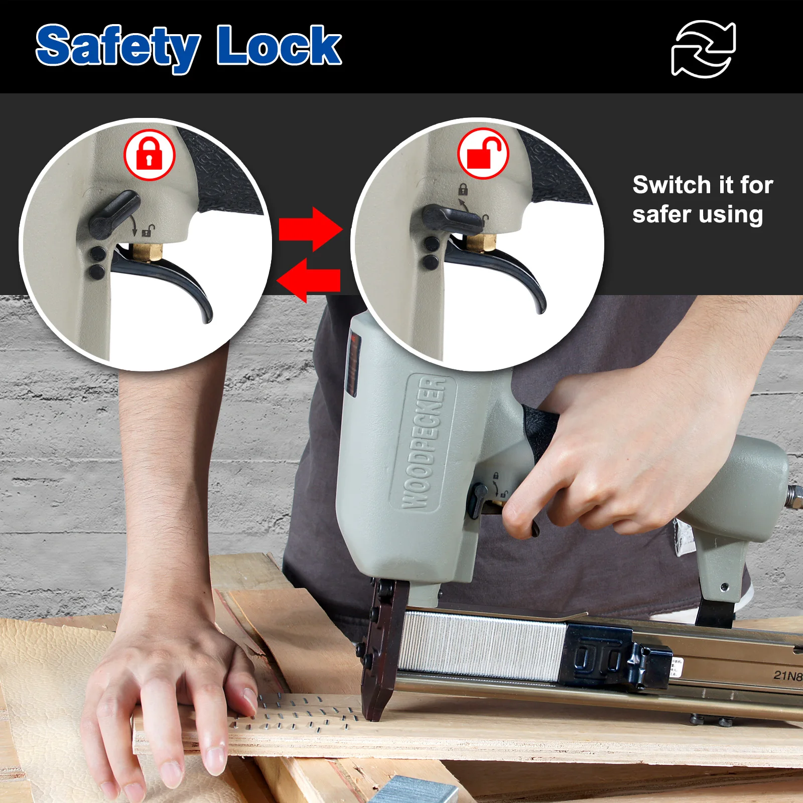 WOODPECKER N838H 16 Gauge Pneumatic Construction Stapler with Safety Lock, Fits 10.8mm Crown Staples, for Woodworking