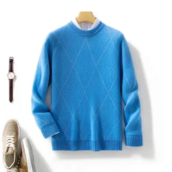 Men 100% Pure Cashmere Wool Soft Sweater O-neck Diamond Jacquard Pullover Autumn Winter Casual Thick Basis Jumper Large Size Top