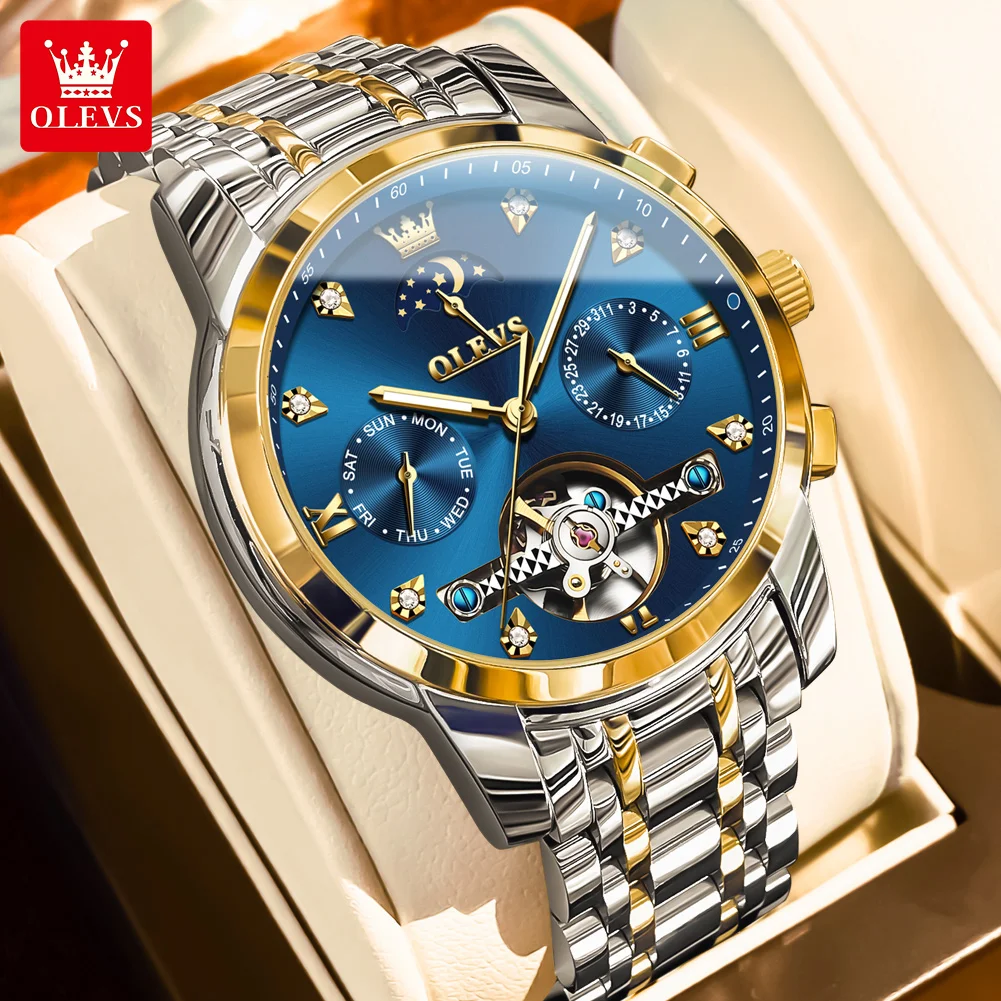 

OLEVS Роскошные модные мужские часы из тонкой стали, оригинальные автоматические механические часы для мужчин, фаза Луны, маховик, движение, дата, неделя