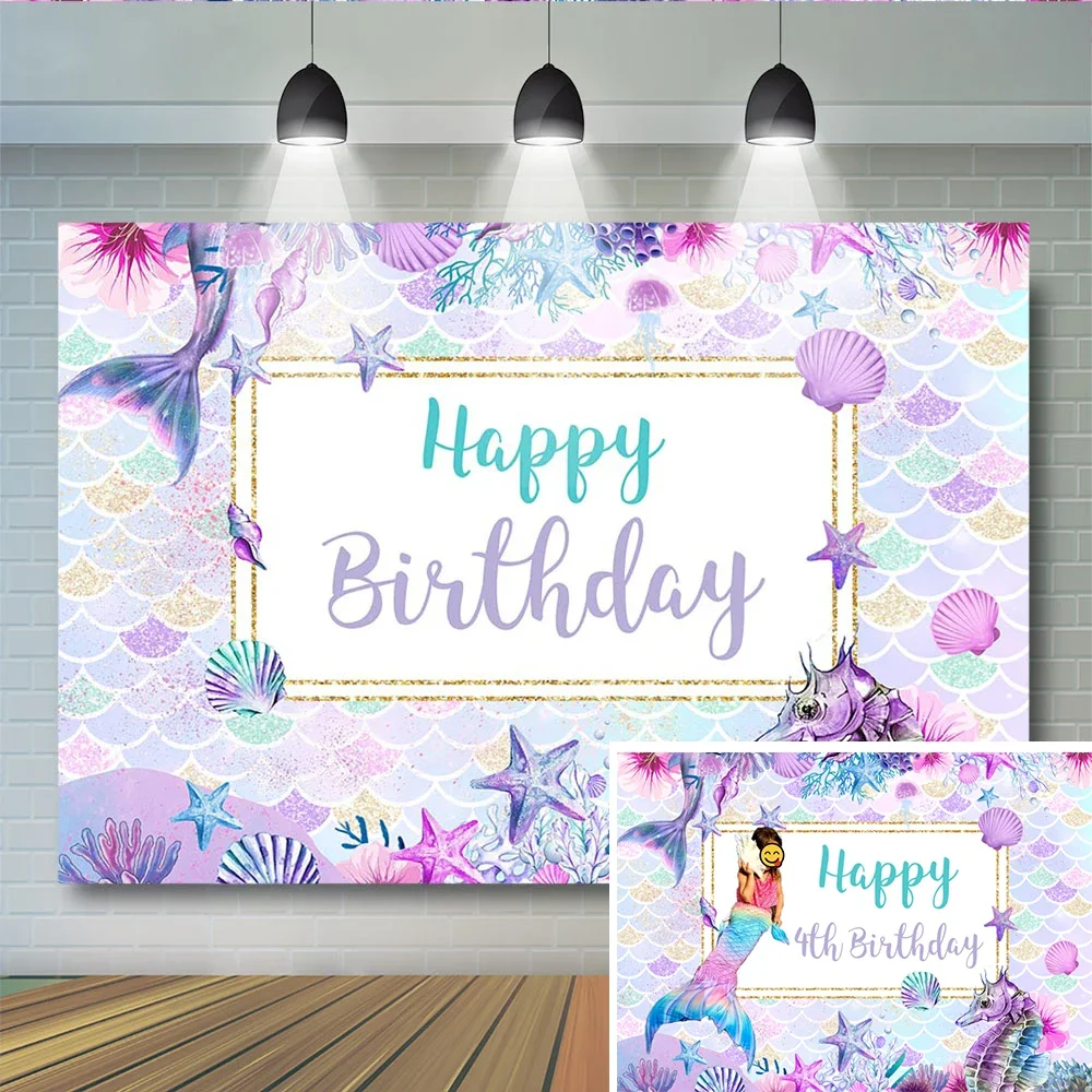 Birthday Party Photography Background Little Mermaid Theme Backdrop Gift Fish Purple Starfish Seahorse Seashell Backgrounds Prop