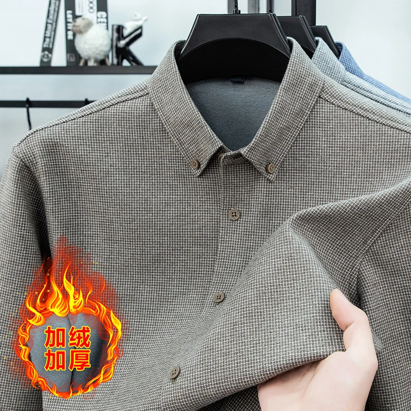 

Autumn and Winter Business Commuting Formal Wear Men's Wool and Fleece Warm Top Shirt for Outdoor Travel Middle-aged