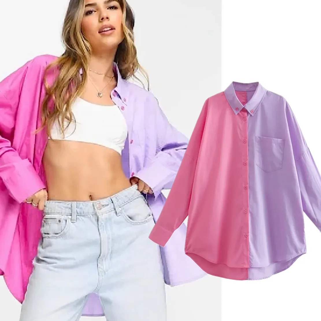 

Jenny&Dave 2024 Ins Fashion Blogger Contrast Color Shirt Loose High Street Blouse Women Tops