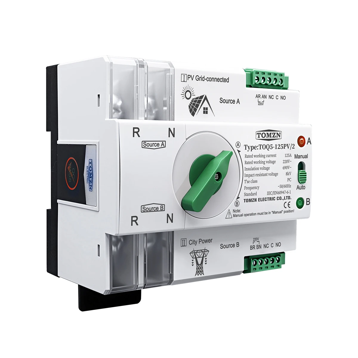 TOMZN Single Phase DIN Rail ATS PV and Inverter Dual Power Automatic Transfer Selector Switches Uninterrupted 2P 63A 100A 125A