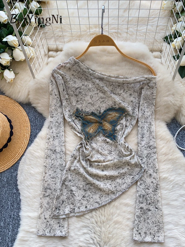 

Beiyingni American Style Vintage Women's T-shirt Skew Collar y2k Street Full Sleeve T Shirts Female Slim Harajuku Butterfly Tops