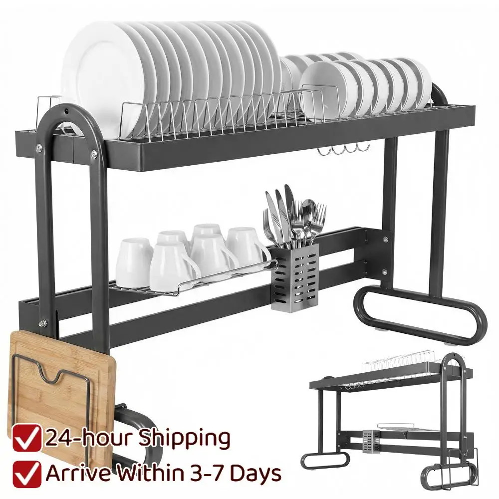 

Stainless Steel Over Sink Dish Drying Rack Large Capacity Anti Slip Dish Drainer with Utensil Holder Kitchen Counter Storage