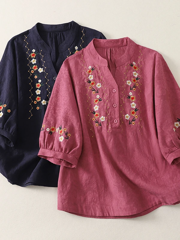 

Embroidered Short Sleeve T-Shirt Women's Large Size Artistic Fashionable National Style Top Thin Casual Loose Fit Breathable