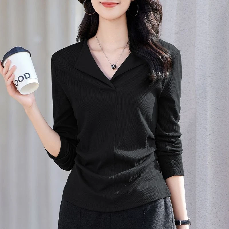 

Женская классическая футболка с длинным рукавом и воротником, осень 2026, облегающая повседневная однотонная рубашка со складками на талии, универсальная базовая рубашка для женщин
