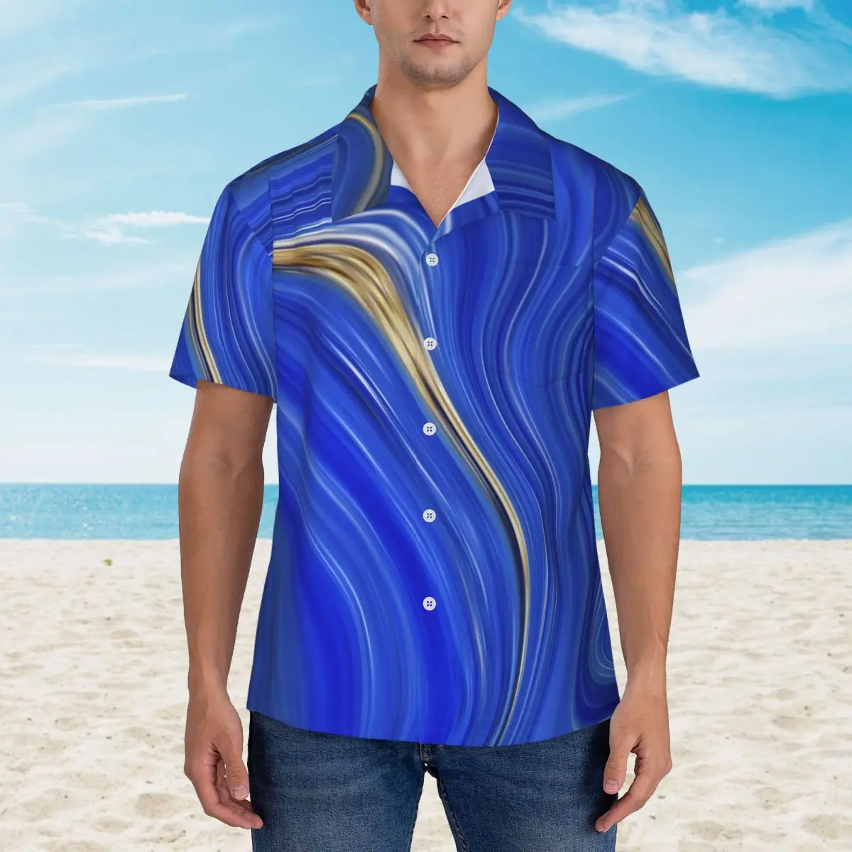 

Blue Marble Vacation Shirt Abstract Liquid Hawaii Casual Shirts Man Elegant Blouses Short Sleeve Streetwear Graphic Top