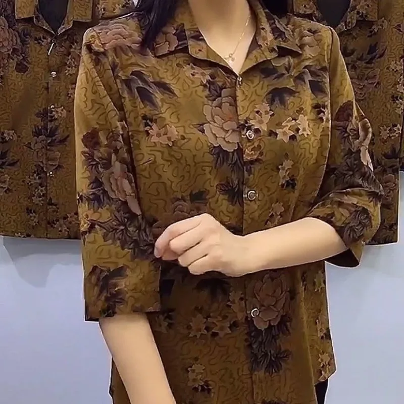 2023 Spring and Autumn Women\'s Cardigan Polo Solid Color Printed Button Up 3/4 Sleeve Flower Coat Fashion Casual Elegant Tops