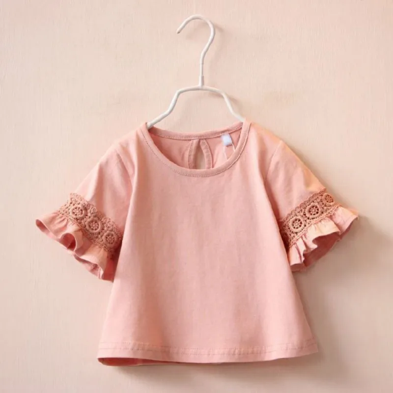 Summer Baby Girl Flare Sleeve T-Shirts Solid Print Lace Tops Kids Tops Casual Crew Neck Blouse Short Sleeve Tops