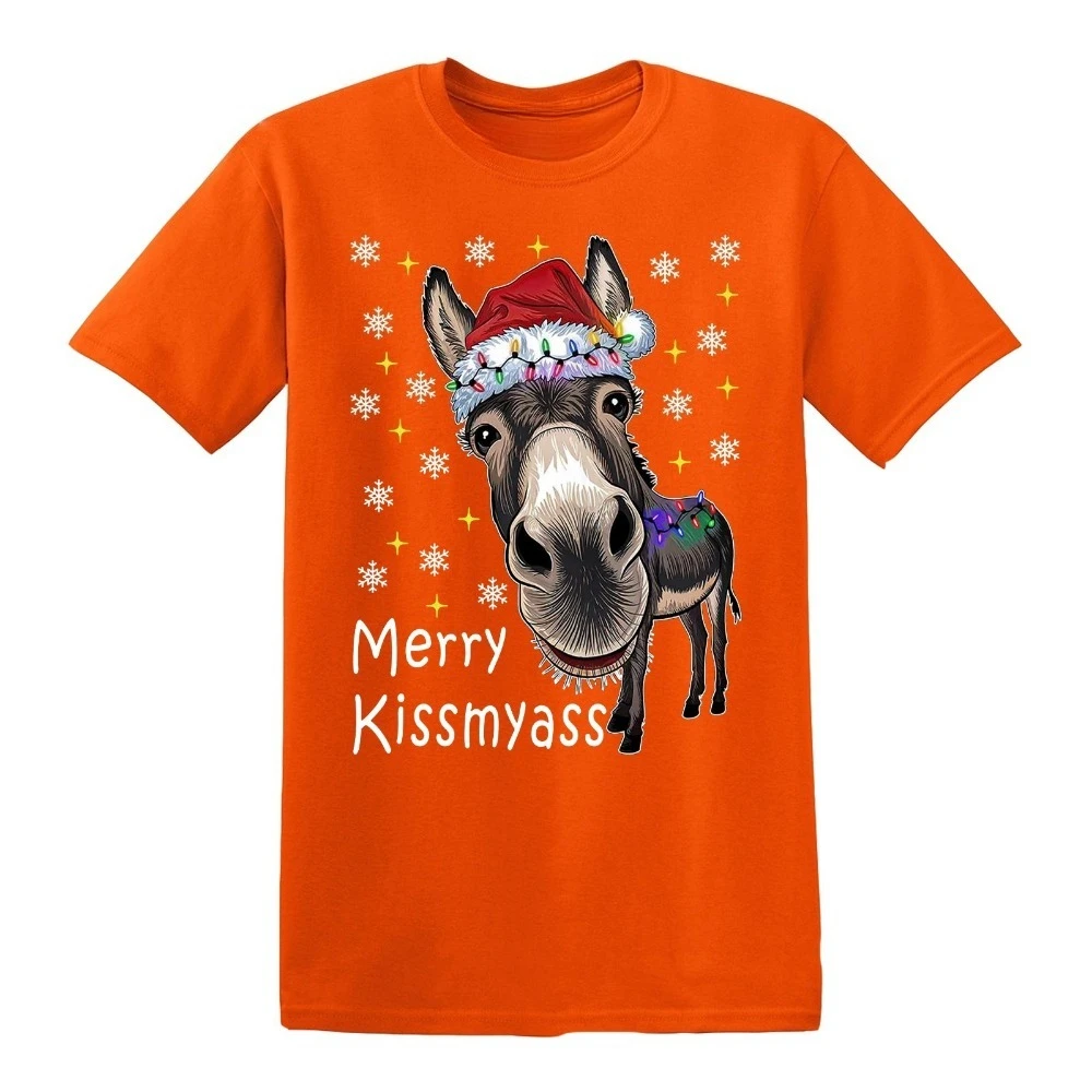 ميلاد سعيد KISSMYASS دونكي عيد الميلاد مضحك هدية الرجال عيد الميلاد التي شيرت نكتة المحملة قصيرة الأكمام عالية الجودة ملابس علوية من القطن الشارع الشهير