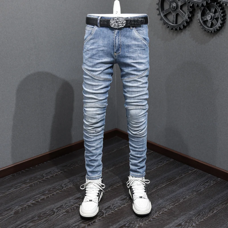 

High Street Fashion Men Jeans Retro Light Blue Spliced Designer Biker Jeans Homme Elastic Stretch Slim Fit Hip Hop Pants Men