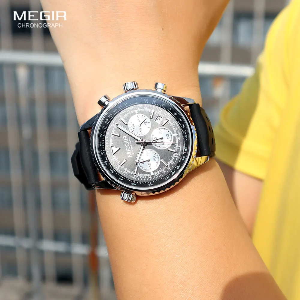 MEGIR Silver Black Quartz Watch Men Military Sport Chronograph Wristwatch with Silicone Strap Luminous Hands Auto Date 2236