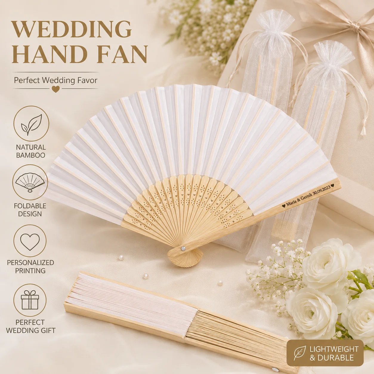 Éventails en tissu blanc personnalisés pour douche nuptiale, cadeaux de mariage avec sac cadeau pour accessoires de fête et cadeaux pour invités