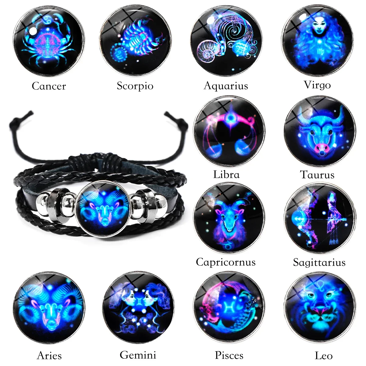 Pulseras luminosas con signos del zodiaco de las 12 constelaciones, pulsera de cuero multicapa Vintage para hombres y mujeres, pulsera de regalo para hombre