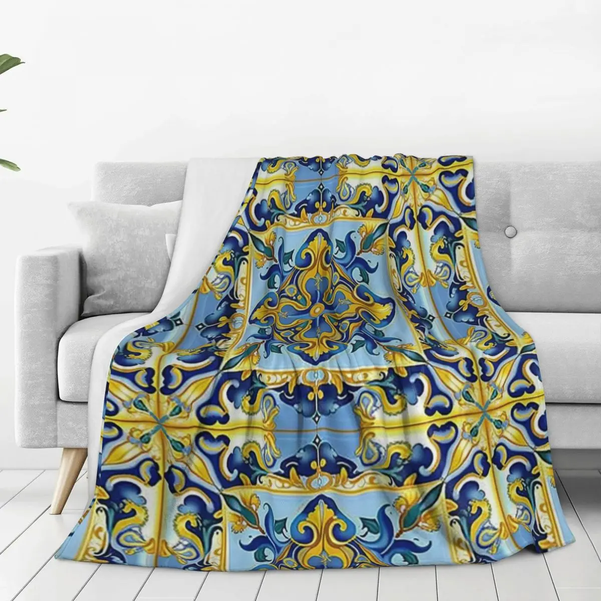 Italian Majolica Tiles Blue And Gold Blanket Fleece Throw Blankets Sofa Throw Blanket For Couch Bedding Throws Bedspread Quilt