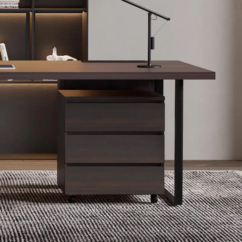 Simple desk, sideboard storage, small cabinets that can be moved