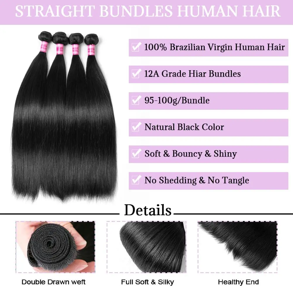 Straight Human Hair Bundles 3 Bundles Human Hair Straight 18 20 22 Inch Brazilian Virgin Hair 100% Unprocessed Natural Black Bun