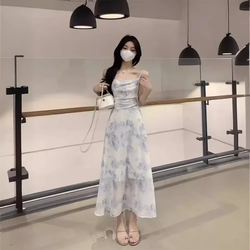 

Summer Women's Long Dresses Chiffon Floral Sling V-neck Temperament Long Party Dress Set Elegant Bohemian Vestidos Платье 원피스