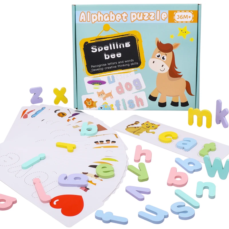 26Pcs  Cartoon Learning Cards Wooden Spelling Words Puzzles Toys Lowercase English Alphabet Letters Toys Gifts for 