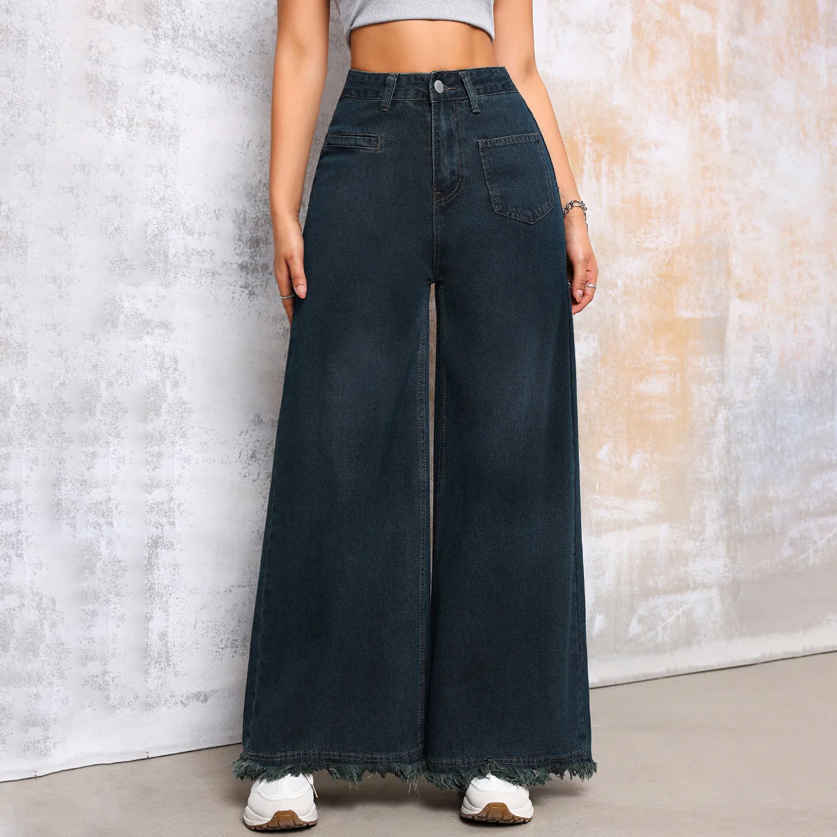 American Retro Loose High-waisted Wide-leg Jeans. Ladies' Four-season New Fashion Streetwear Fringed Design Washed Casual Jeans