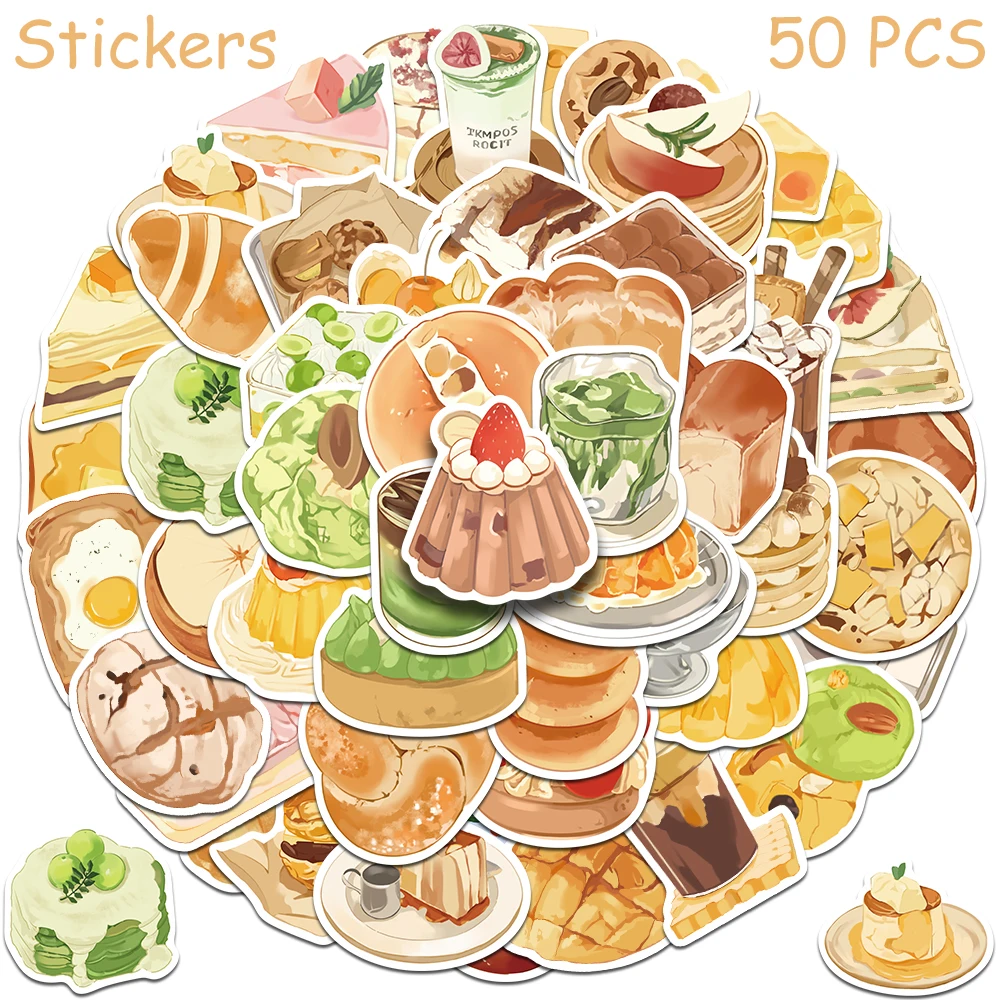 

50pcs Afternoon Tea Snack Stickers Decals For Phone Refrigerator Suitcase Scrapbook DIY Cartoon Aesthetic Stickers Kids Toy Gift