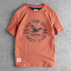 Summer New American Retro Short-sleeved O-neck Eagle Letter Printed T-shirt Men's Fashion 100% Cotton Washed Casual Sport Tops