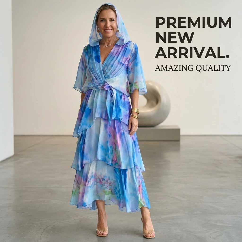 Women's Printed Chiffon Maxi Dress V-Neck Tiered Layered Boho Long Dress
