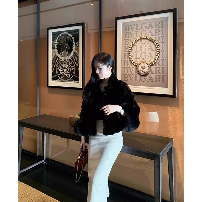 معطف فرو صناعي مقصوص من MEXZT سترة نسائية عصرية مرقعة باللون الأسود منفوش سترة شتوية أنيقة كورية بأكمام طويلة ملابس خارجية فروي جديدة #4